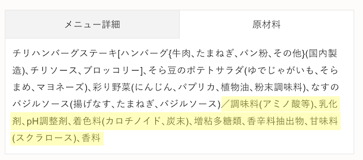 ナッシュのチリハンバーグステーキの原材料